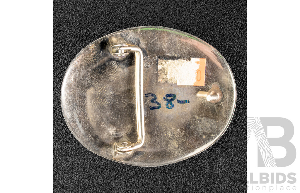 Oval Belt Buckle with Three USA Buffalo Five Cents and Turquoise, Red Coral Fixtures