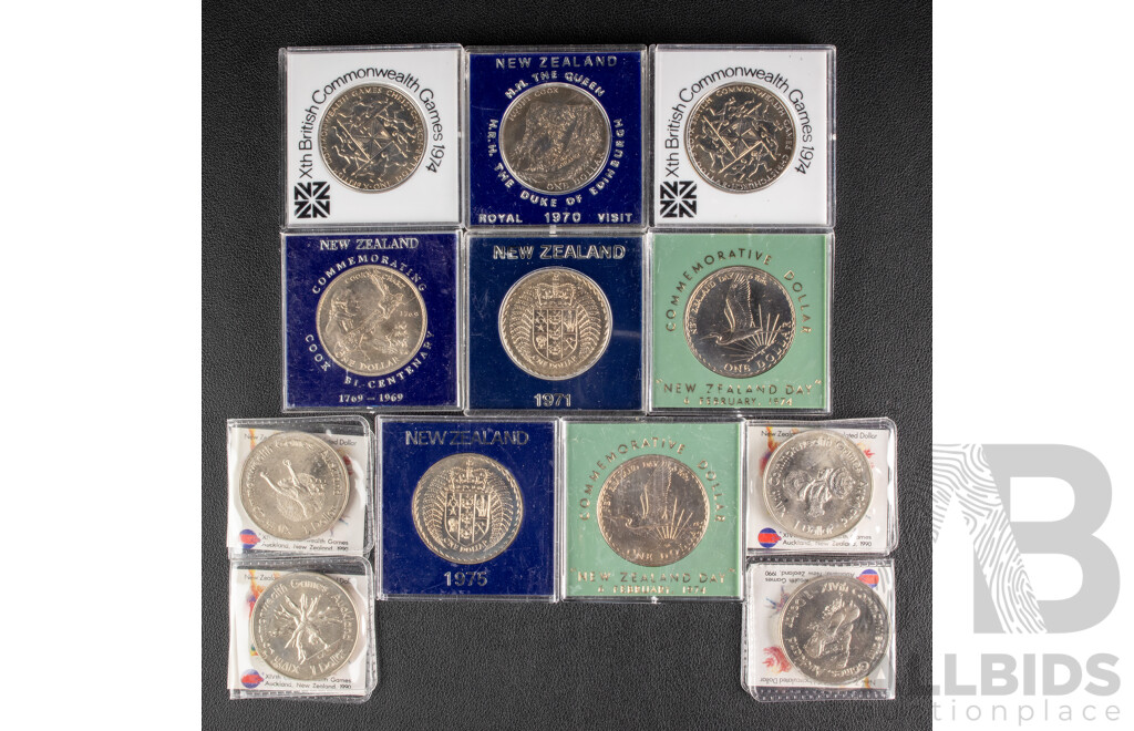 Collection on New Zealand Commemorative UNC One Dollar Coins Including 1969 Cook Bicentenary, 1970 Mount Cook, 1974 Commonwealth Games, 1974 New Zealand Day, 1989 Commonwealth Games