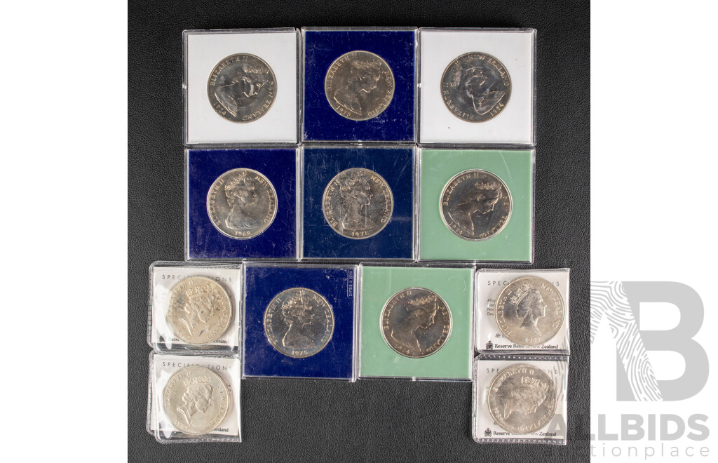 Collection on New Zealand Commemorative UNC One Dollar Coins Including 1969 Cook Bicentenary, 1970 Mount Cook, 1974 Commonwealth Games, 1974 New Zealand Day, 1989 Commonwealth Games
