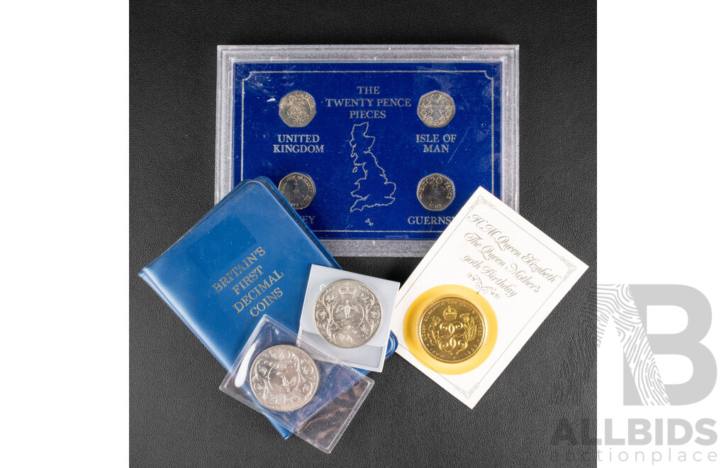 Two Britain's Fist Decimal Coin Sets, 1982/83 Twenty Pence Set, Two 1977 UNC QE2 Jubilee Crowns, 1999 Five Pound, Queen Mothers 90th Birthday