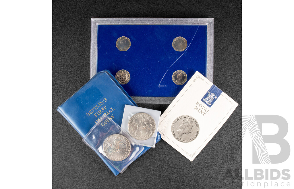 Two Britain's Fist Decimal Coin Sets, 1982/83 Twenty Pence Set, Two 1977 UNC QE2 Jubilee Crowns, 1999 Five Pound, Queen Mothers 90th Birthday