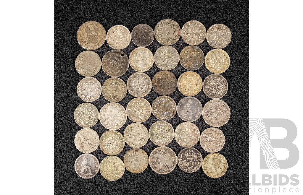 Thirty Six Vintage Silver Coins Including Twenty Seven United Kingdom Three and Fourpence Spanning 1837 to 1940, Australia, USA, Denmark, Hong Kong