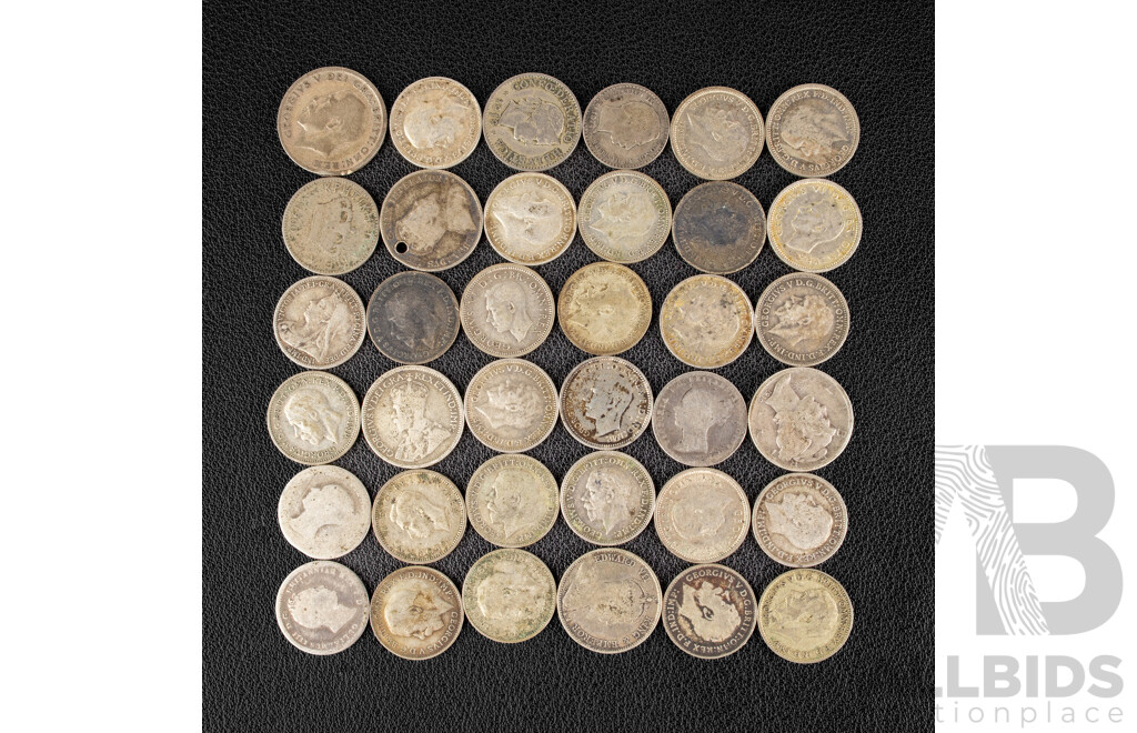 Thirty Six Vintage Silver Coins Including Twenty Seven United Kingdom Three and Fourpence Spanning 1837 to 1940, Australia, USA, Denmark, Hong Kong