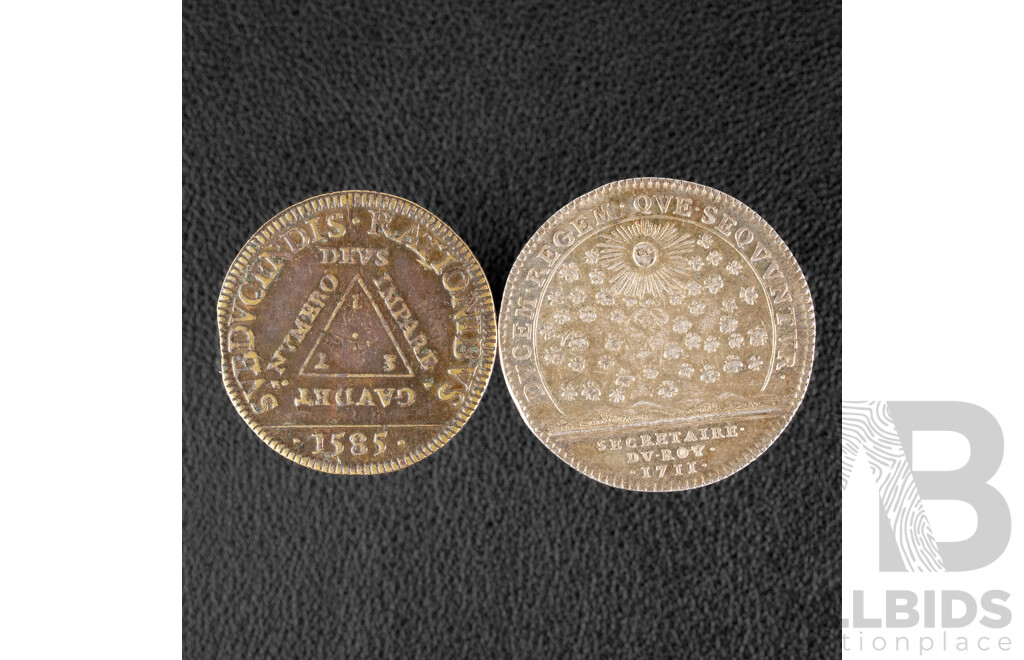 Two France Jeton Coins Including Silver 1711 Louis XIV, Argent Secretaire and 1585 Henri III, De La Chambre Des Comptes, Mercure