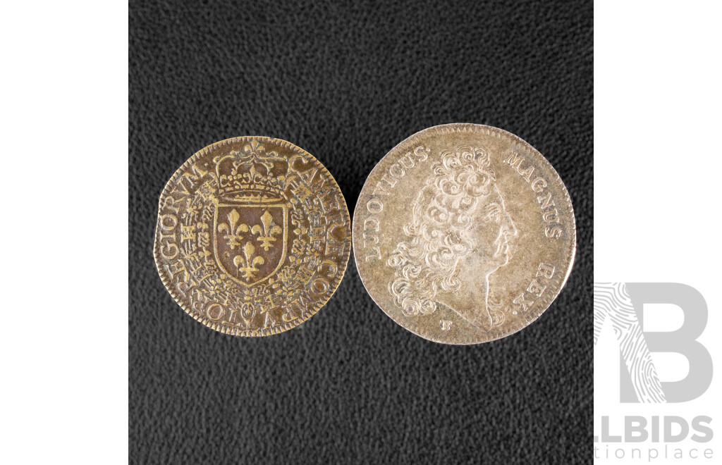 Two France Jeton Coins Including Silver 1711 Louis XIV, Argent Secretaire and 1585 Henri III, De La Chambre Des Comptes, Mercure
