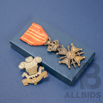 Belgium World War One Croix De Guerre Medal with Welsh Lapel Badge