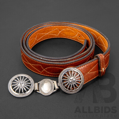 Vintage Argentinian Leather Belt with Sterling Silver Gaucho Double Sun-Face Belt Buckle