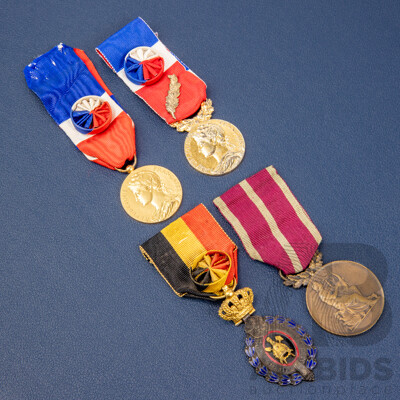 Four Vintage European Medals Including Two French First Class Workers, Belgium First Class Worker, French Musical Society Award