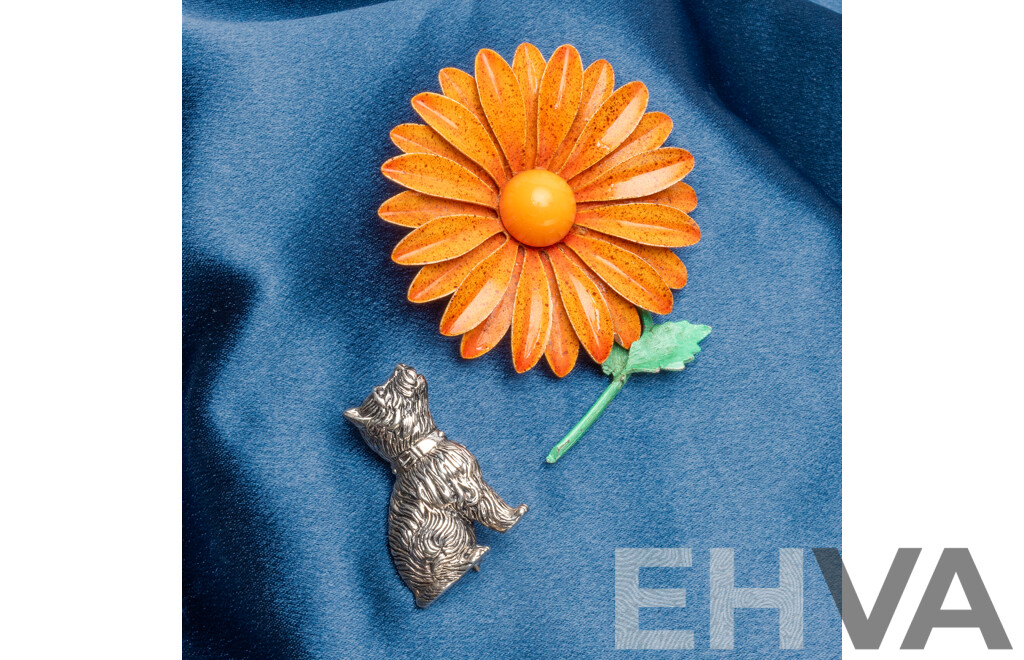 925 Sterling Silver Dog and Base Metal Enamel Sunflower Brooches - Lot of 2