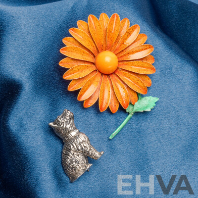 925 Sterling Silver Dog and Base Metal Enamel Sunflower Brooches - Lot of 2