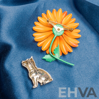 925 Sterling Silver Dog and Base Metal Enamel Sunflower Brooches - Lot of 2