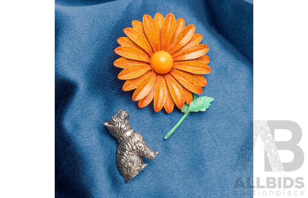 925 Sterling Silver Dog and Base Metal Enamel Sunflower Brooches - Lot of 2