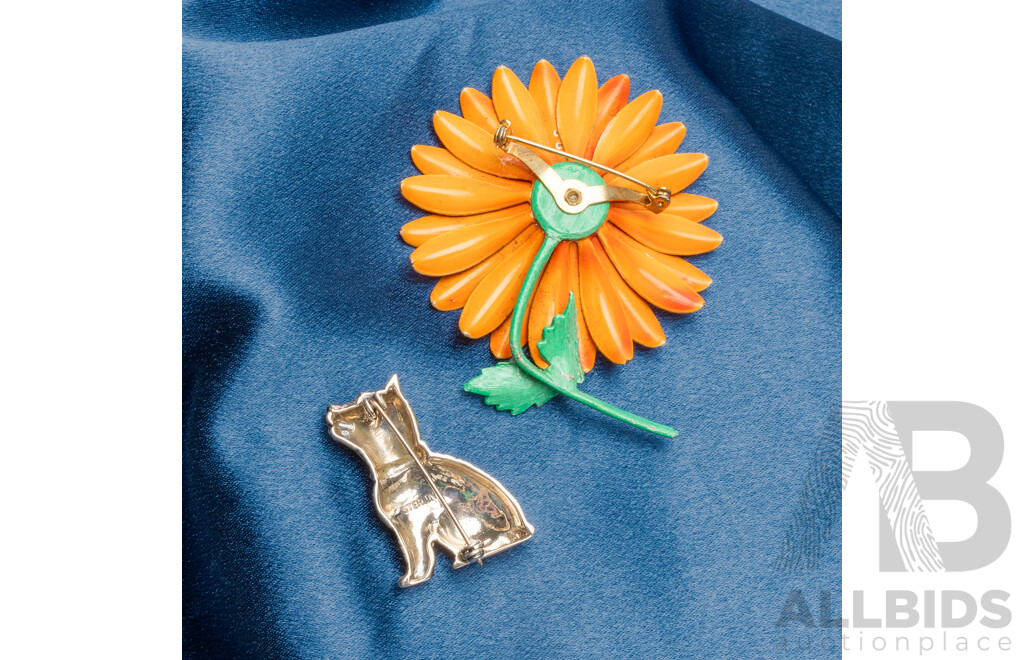 925 Sterling Silver Dog and Base Metal Enamel Sunflower Brooches - Lot of 2