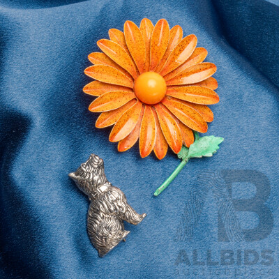 925 Sterling Silver Dog and Base Metal Enamel Sunflower Brooches - Lot of 2