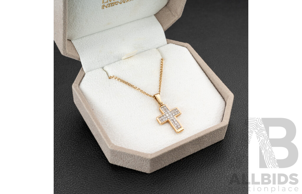 14ct Diamond Set Cross Pendant, TDW 0.50ct, on 14ct Bar Curb Link Necklace, 45cm, 4.10 Grams - as New