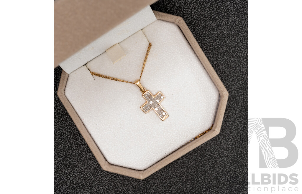 14ct Diamond Set Cross Pendant, TDW 0.50ct, on 14ct Bar Curb Link Necklace, 45cm, 4.10 Grams - as New