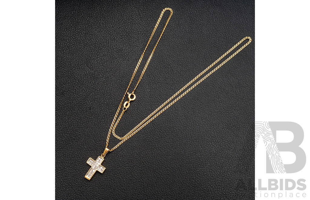 14ct Diamond Set Cross Pendant, TDW 0.50ct, on 14ct Bar Curb Link Necklace, 45cm, 4.10 Grams - as New