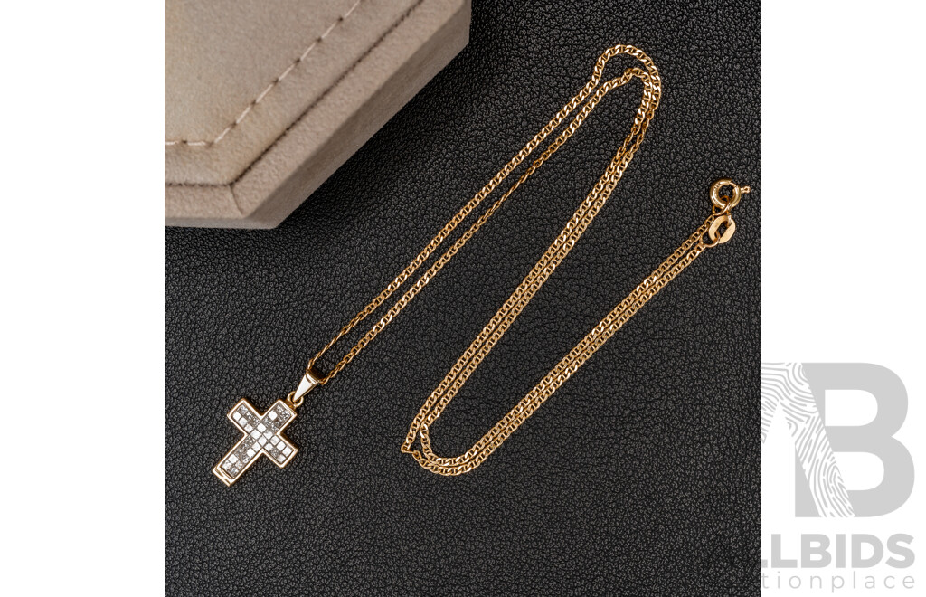 14ct Diamond Set Cross Pendant, TDW 0.50ct, on 14ct Bar Curb Link Necklace, 45cm, 4.10 Grams - as New