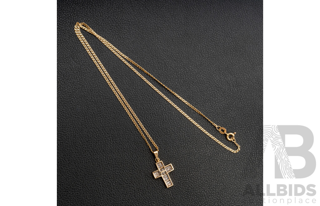 14ct Diamond Set Cross Pendant, TDW 0.50ct, on 14ct Bar Curb Link Necklace, 45cm, 4.10 Grams - as New