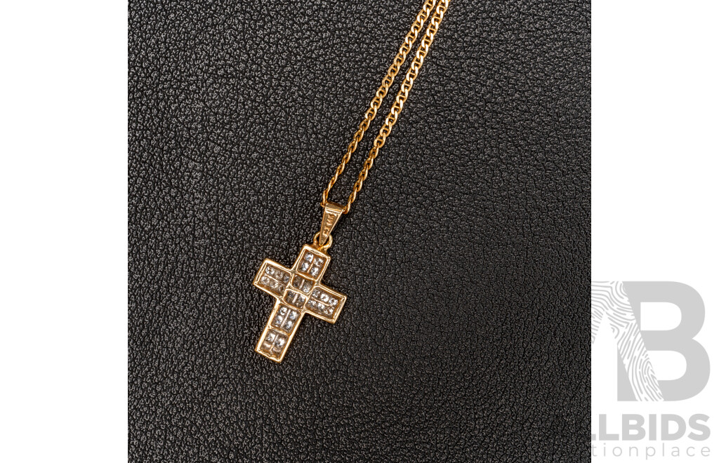 14ct Diamond Set Cross Pendant, TDW 0.50ct, on 14ct Bar Curb Link Necklace, 45cm, 4.10 Grams - as New