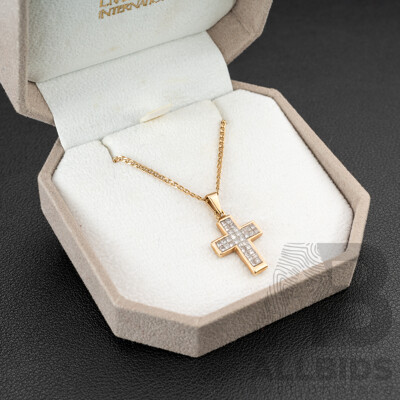 14ct Diamond Set Cross Pendant, TDW 0.50ct, on 14ct Bar Curb Link Necklace, 45cm, 4.10 Grams - as New