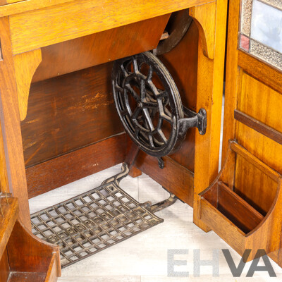 Vintage Oak Blue Bird Sewing Machine Bureau