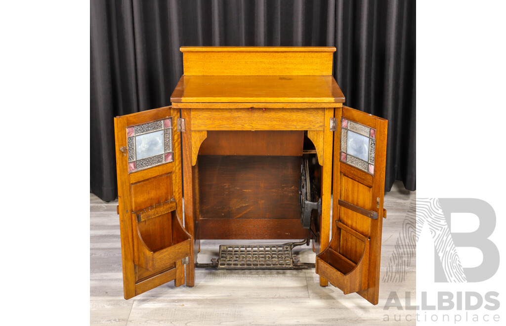 Vintage Oak Blue Bird Sewing Machine Bureau