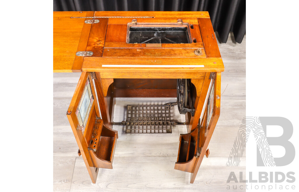 Vintage Oak Blue Bird Sewing Machine Bureau