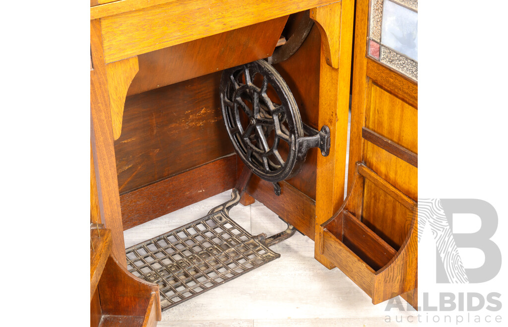 Vintage Oak Blue Bird Sewing Machine Bureau