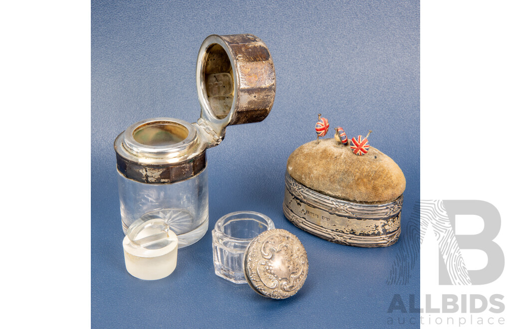 Antique Silver Pin Cushion, London, 1902, Silver Perfume Bottle with Tortoise Shell Top, London, 1912, Silver Lidded Trinket Jar