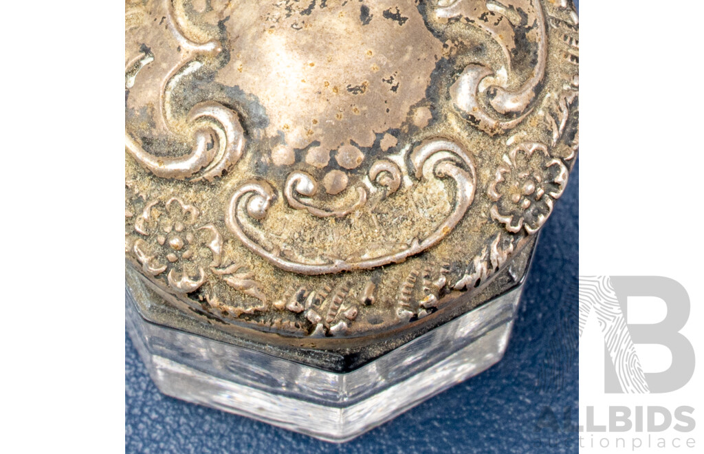 Antique Silver Pin Cushion, London, 1902, Silver Perfume Bottle with Tortoise Shell Top, London, 1912, Silver Lidded Trinket Jar