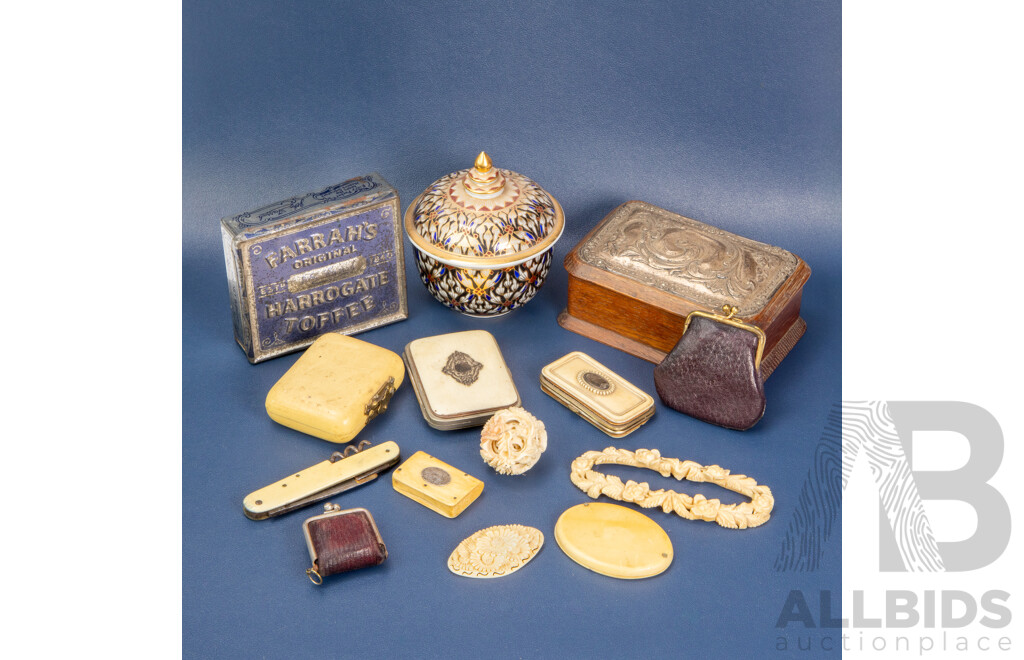 Two Antique Sovereign Purses, Ivory Purse, Carved Bone Puzzle Ball, Floral Broach, Match Holder, Xylonite Pocket Mirror, Purse and Pocket Knife, Embossed Farrah's Harrogate Toffee Tin, Oak Jewellery Box