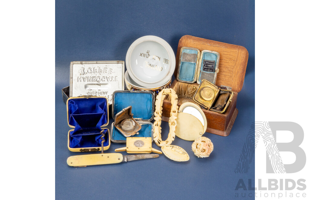 Two Antique Sovereign Purses, Ivory Purse, Carved Bone Puzzle Ball, Floral Broach, Match Holder, Xylonite Pocket Mirror, Purse and Pocket Knife, Embossed Farrah's Harrogate Toffee Tin, Oak Jewellery Box