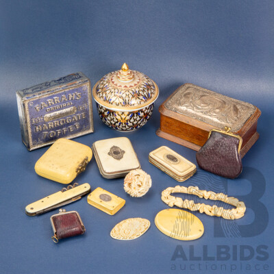 Two Antique Sovereign Purses, Ivory Purse, Carved Bone Puzzle Ball, Floral Broach, Match Holder, Xylonite Pocket Mirror, Purse and Pocket Knife, Embossed Farrah's Harrogate Toffee Tin, Oak Jewellery Box