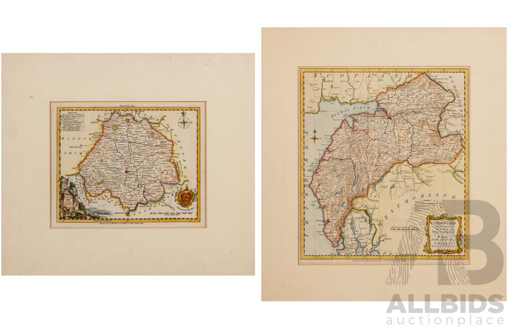 Radnor Shire & Cumberland, Lovely Pair of Unframed Antique Maps, 52 x 47 cm (largest) (2)
