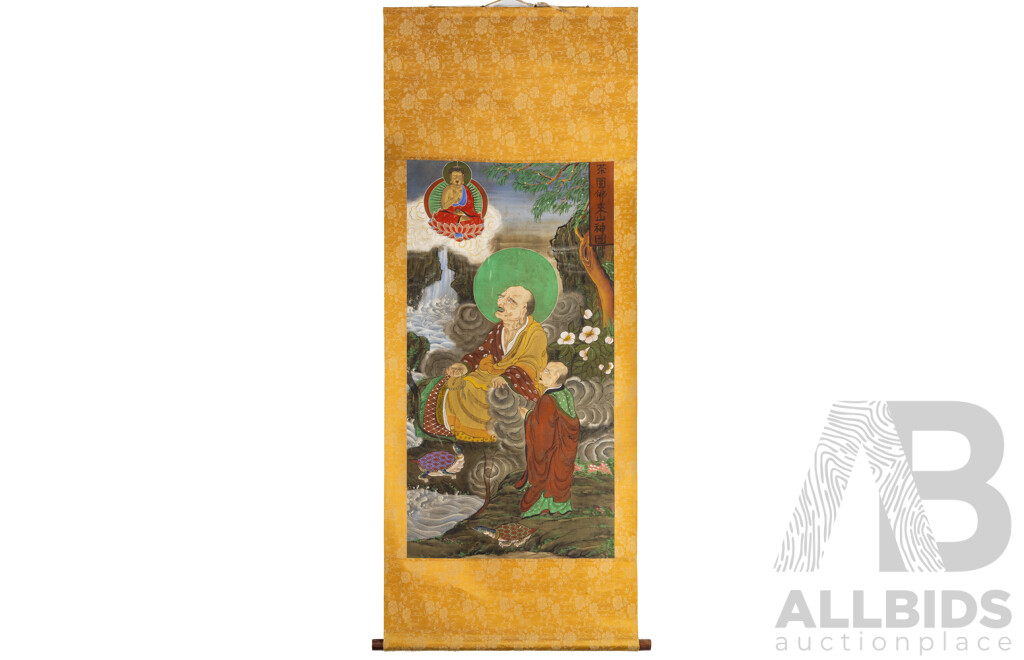 Artist Unknown (Asian School), Mountain God Appears at Tea Garden Painting, Vintage Ink & Colour Pigments on Cloth & Flocked Paper, 157H x 62W cm (scroll)