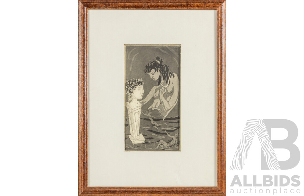 Artist Unknown, (20th Century), The Offering of Artemis & Cleopatra Dreaming, Pair of Original Mid-Century Italian Etchings, 42H x 32W cm (frames) (2)