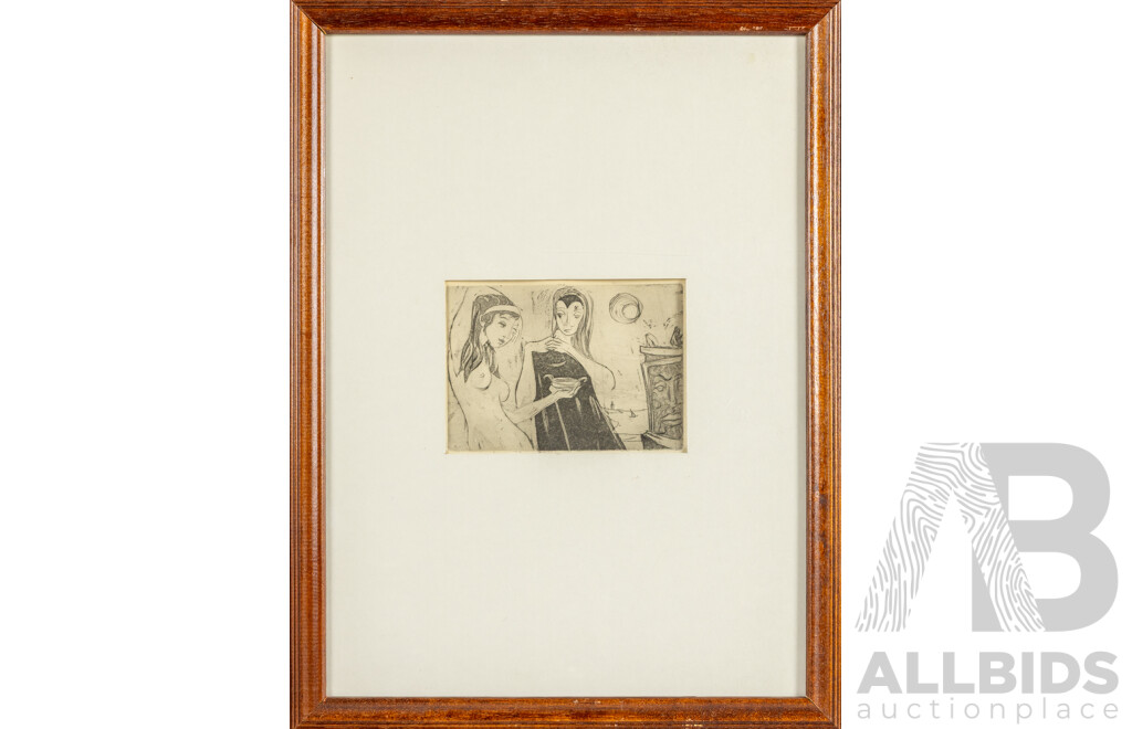 Artist Unknown, (20th Century), The Offering of Artemis & Cleopatra Dreaming, Pair of Original Mid-Century Italian Etchings, 42H x 32W cm (frames) (2)