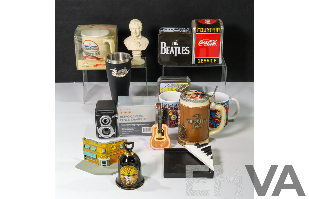 Collection of Music and TV Paraphernalia Including Mugs, Beatles Coasters, Vintage Coca Cola Napkin Holder, Retro Pencil Sharpener and More