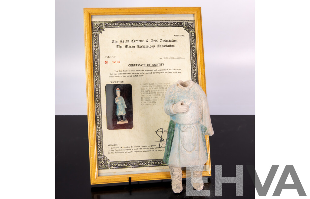 Antique Chinese Ming Dynasty Pottery Figure of Attendant in Robes, Missing Head, with Certificate of Authenticity