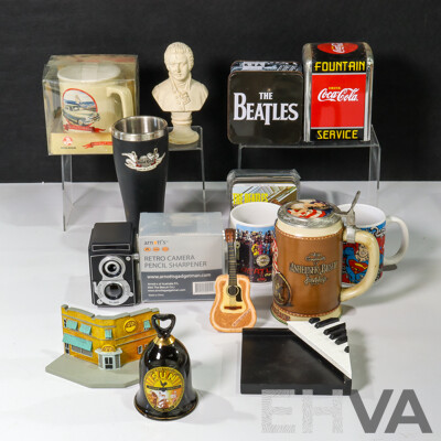 Collection of Music and TV Paraphernalia Including Mugs, Beatles Coasters, Vintage Coca Cola Napkin Holder, Retro Pencil Sharpener and More