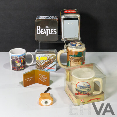 Collection of Music and TV Paraphernalia Including Mugs, Beatles Coasters, Vintage Coca Cola Napkin Holder, Retro Pencil Sharpener and More
