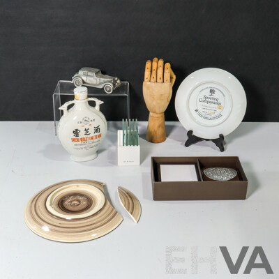 Collection of Sundries Including Budweiser Beer Stein, Coasters, Plates, Mannequin Hand, Hard Rock Mug and More