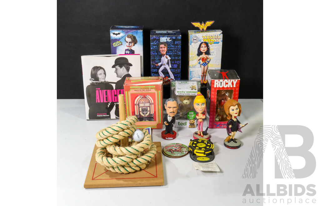 Collection of Sundries Including Bobble Heads, Ted Paraphernalia, Quoits Set, Back to the Oldies Antique Mini Jukebox and More