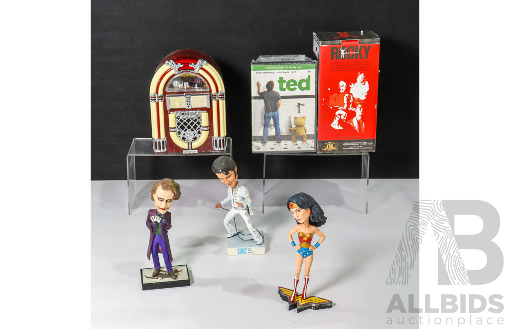 Collection of Sundries Including Bobble Heads, Ted Paraphernalia, Quoits Set, Back to the Oldies Antique Mini Jukebox and More