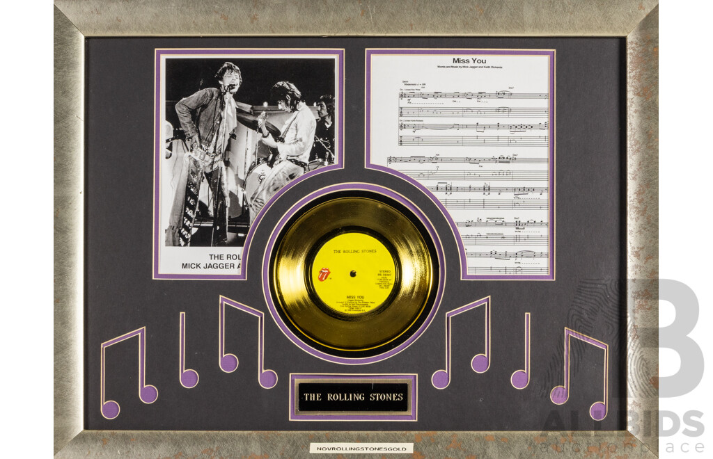 The Rolling Stones Miss You (1978) Gold Record Framed Alongside Sheet Music and Photograph, 52 x 58 cm (frame)