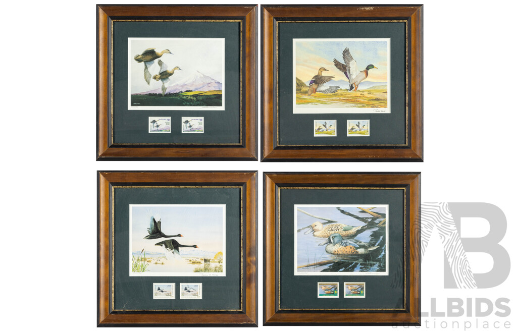 Pauline H. Morse & Adele Earnshaw (20th Century, New Zealanders), Shoveler Ducks, Black Swans, Mallards & New Zealand Grey Ducks, Collection of Quality Reproduction Prints with Official Stamps, 40 x 40 cm (frames) (4)