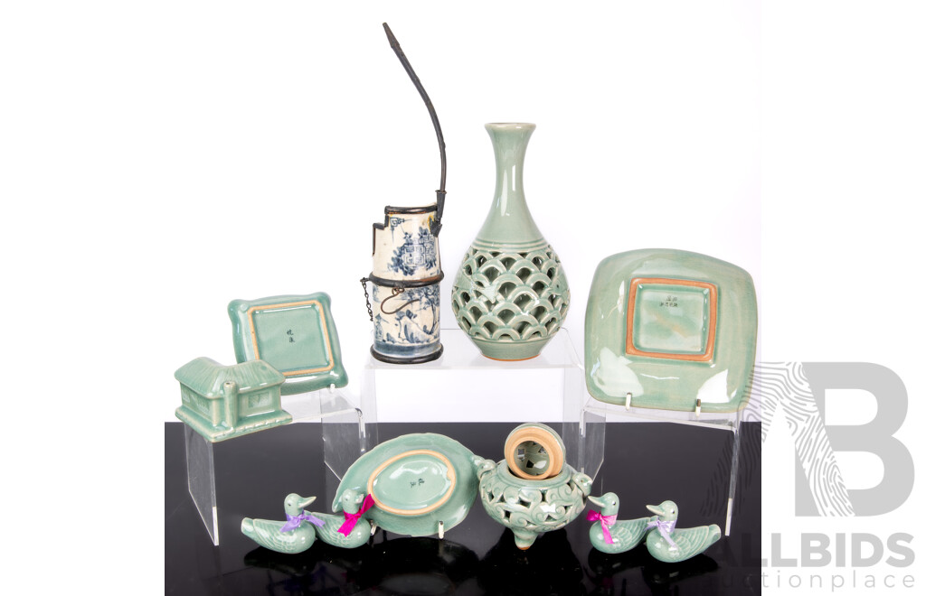 Collection Korean & Chinese Celadon Porcelain Including Antique Opium Pipe, Tripod Legged Lidded Censer, Pierced Vase with Fish Decoration and More