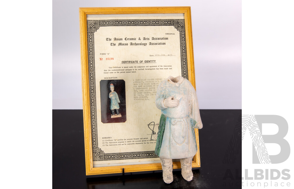 Antique Chinese Ming Dynasty Pottery Figure of Attendant in Robes, Missing Head, with Certificate of Authenticity