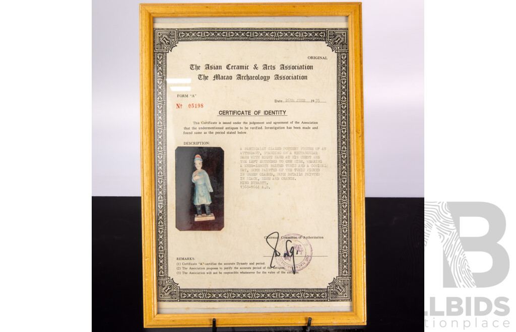 Antique Chinese Ming Dynasty Pottery Figure of Attendant in Robes, Missing Head, with Certificate of Authenticity